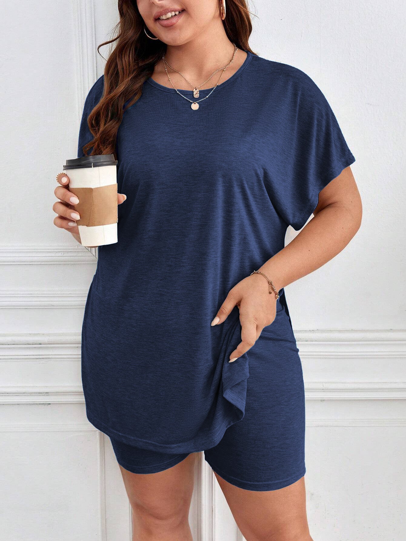 Simple Casual Plus Size Summer Home Suit – Comfortable Short-Sleeve Top & Shorts Two-Piece Set