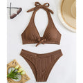 Solid Color Striped Low-Cut Shoulder Strap Bikini Split Swimsuit