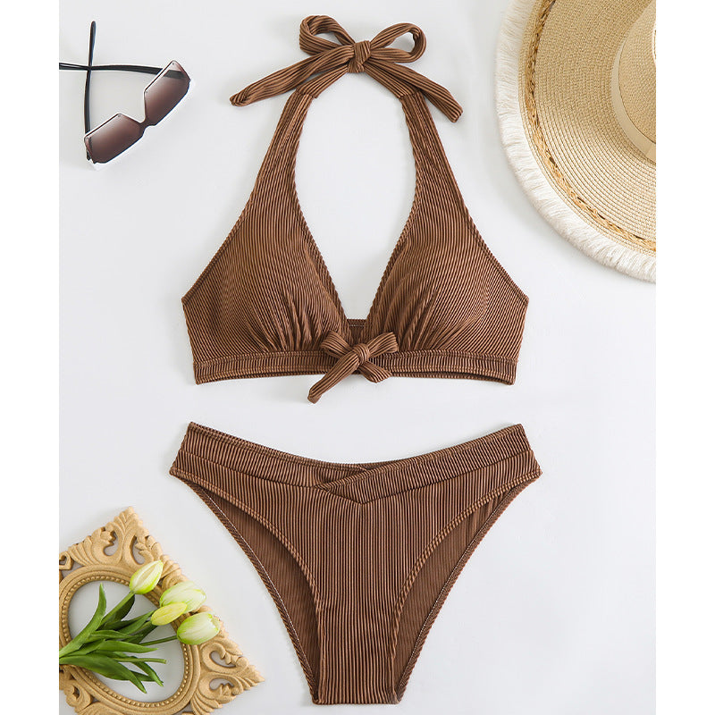 Solid Color Striped Low-Cut Shoulder Strap Bikini Split Swimsuit