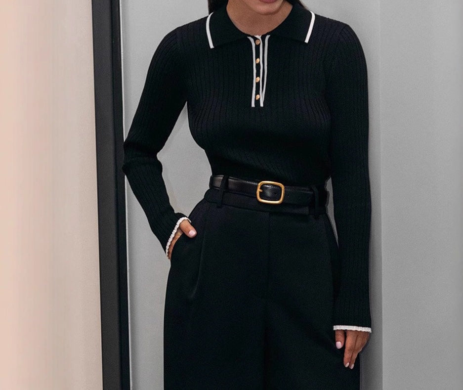 Women's Knitted Polo Sweater - French Style Slim Ribbed Knit
