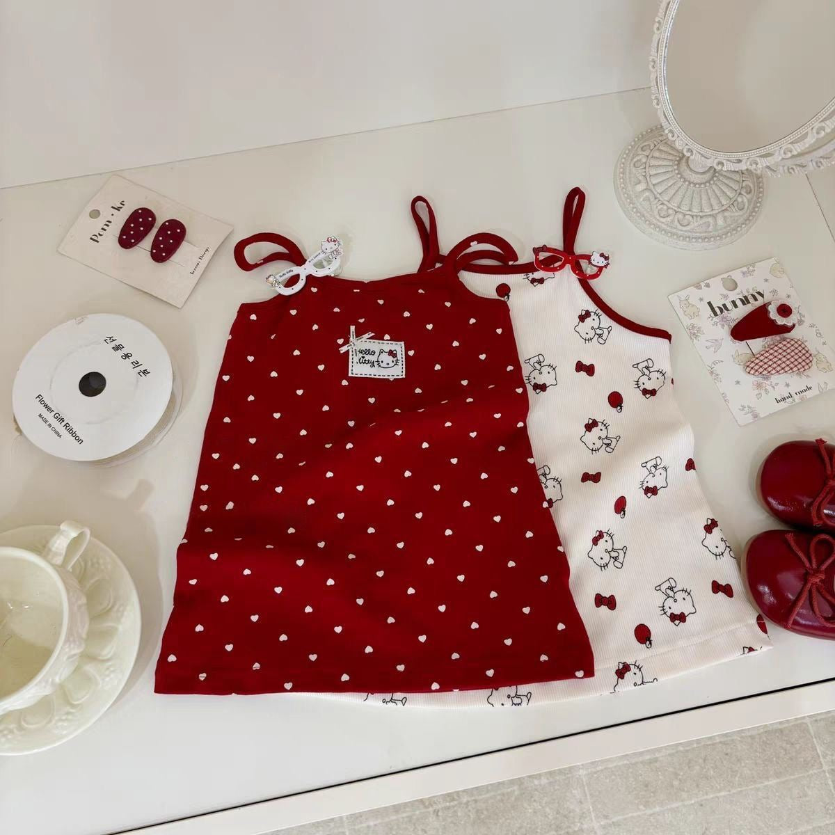 Girls Summer Heart Print Tank Top Dress – Cartoon Princess Style Sleeveless Outfit - RAC26JP5476BATT