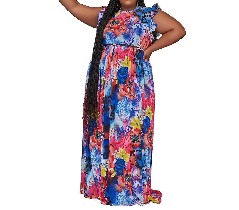 Women's Casual Lace-Up Sleeveless Digital Print Maxi Dress – Long Skirt Summer Style