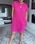 Summer New Casual Solid Color Round Neck Short Sleeve Pocket Dress