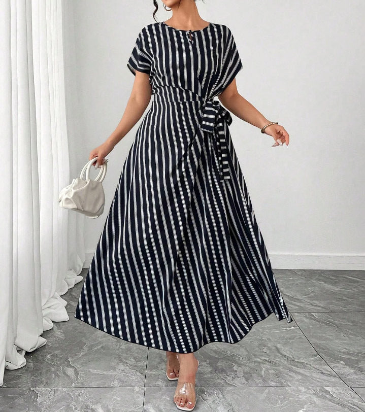 Women's Plus Size Striped Round Neck Tie-Waist Loose Fit Dress