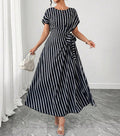 Women's Plus Size Striped Round Neck Tie-Waist Loose Fit Dress