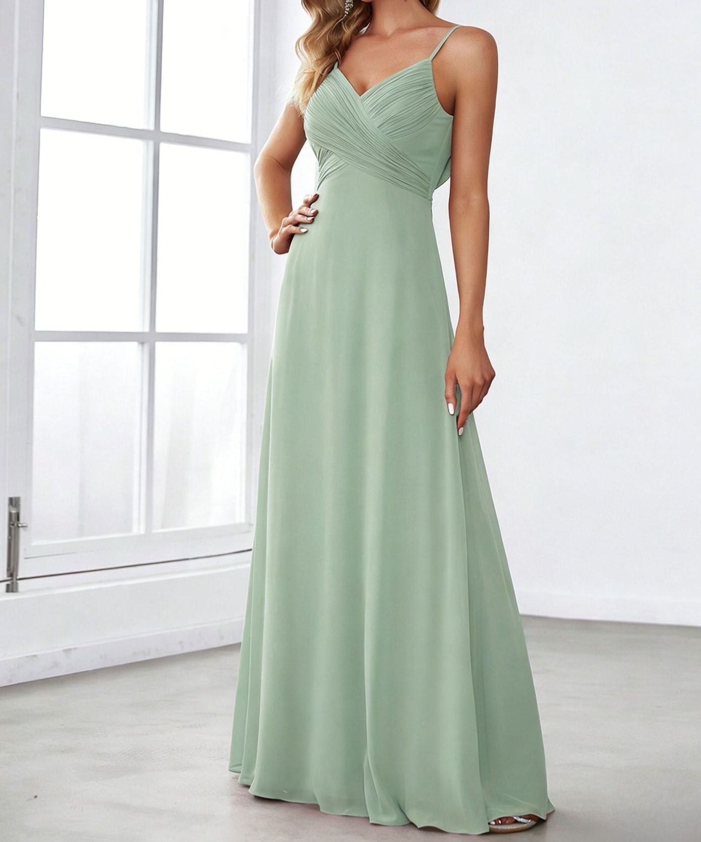 Women's Deep V-Neck Sleeveless Front Pleated Chiffon Maxi Dress