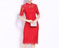 Summer New Women’s Slim-Fit Red Lace Cheongsam Dress – Elegant Short-Sleeved Bridal Toast Dress, Chinese Style Export Design