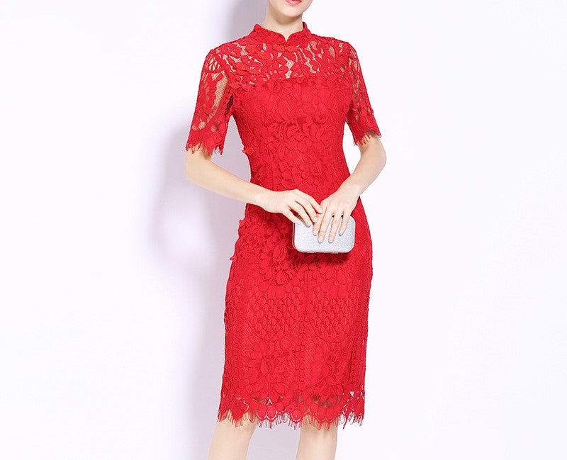 Summer New Women’s Slim-Fit Red Lace Cheongsam Dress – Elegant Short-Sleeved Bridal Toast Dress, Chinese Style Export Design