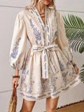 Women's Printed V-Neck Long Sleeve Waist-Defined Short Dress Casual Fashion Mini Dress