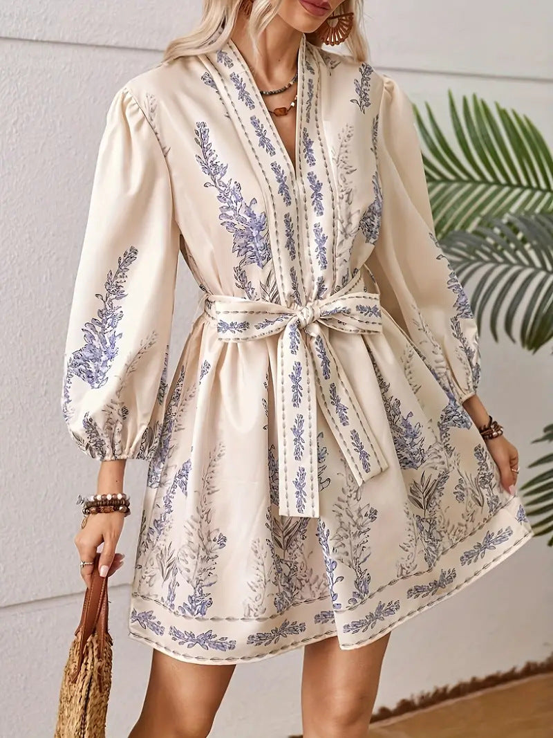 Women's Printed V-Neck Long Sleeve Waist-Defined Short Dress Casual Fashion Mini Dress