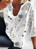 Women's Spring & Summer Printed Lace Patchwork U-Neck Three-Quarter Sleeve Blouse