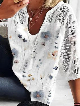 Women's Spring & Summer Printed Lace Patchwork U-Neck Three-Quarter Sleeve Blouse