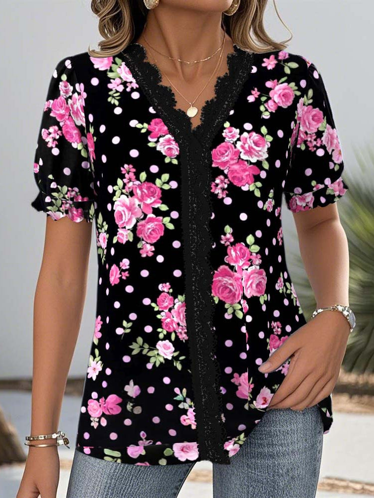 Women's Summer Printed V-Neck Short Sleeve Top – Casual Everyday Blouse
