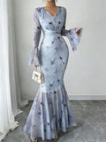 Women's Fitted Fishtail Maxi Dress with Waist Tie Knot Elegant Long Sleeve Dress