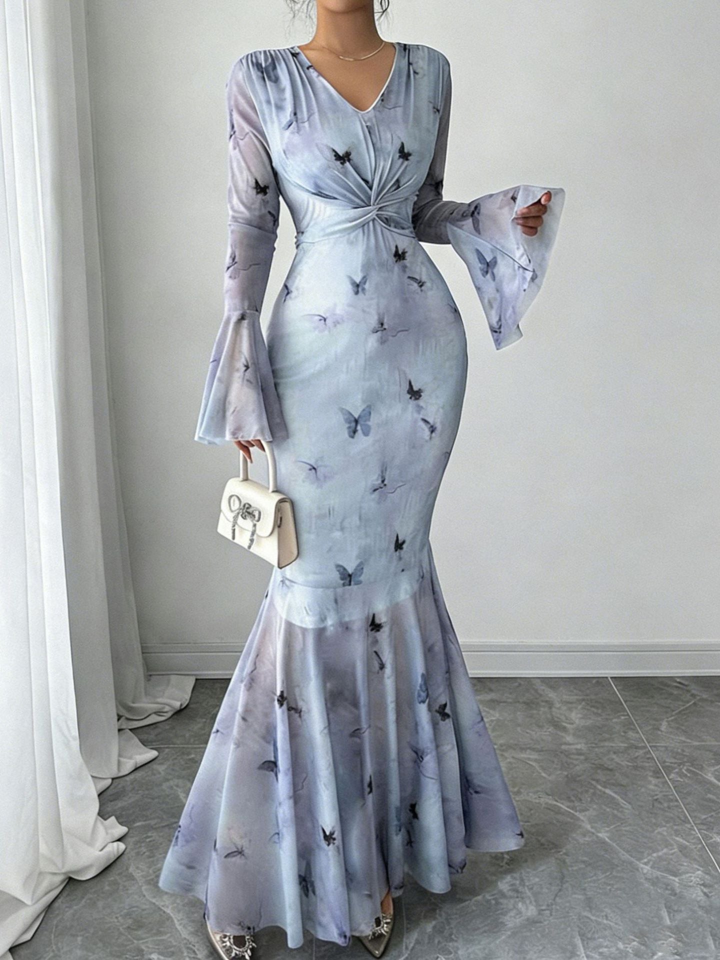 Women's Fitted Fishtail Maxi Dress with Waist Tie Knot Elegant Long Sleeve Dress
