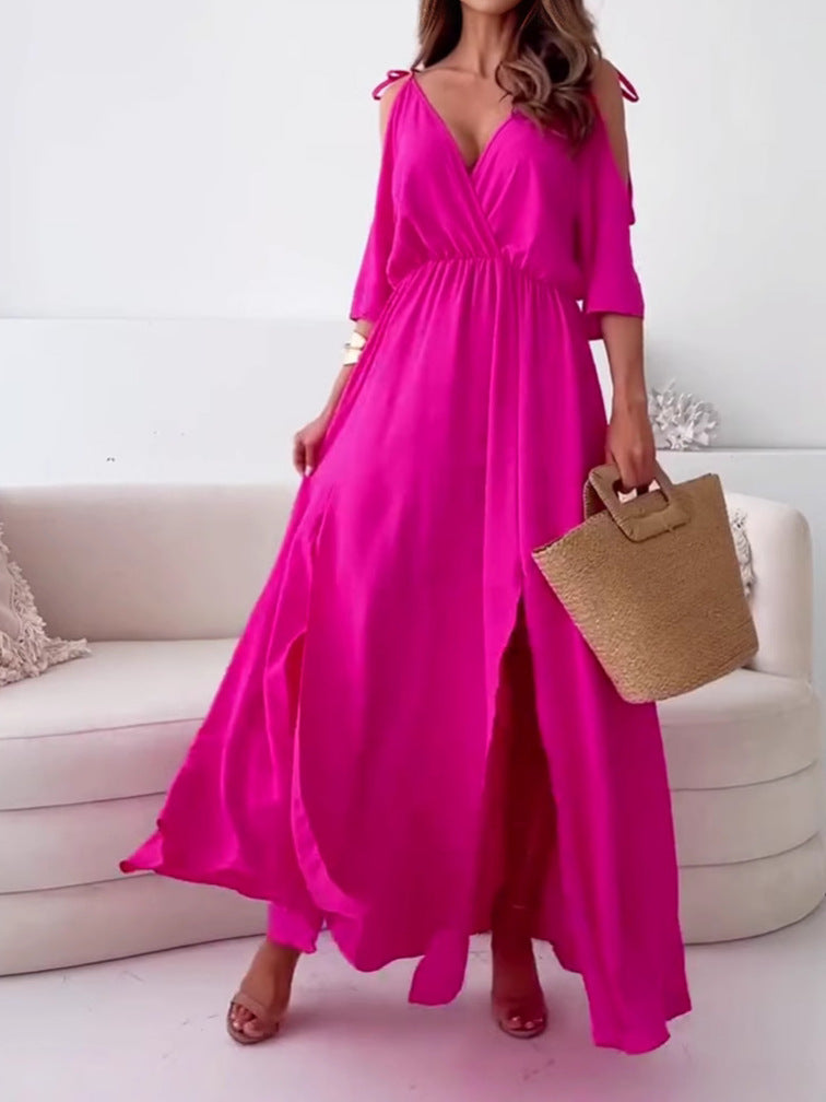 Women's Off-Shoulder V-Neck Waist A-Line Hem Dress
