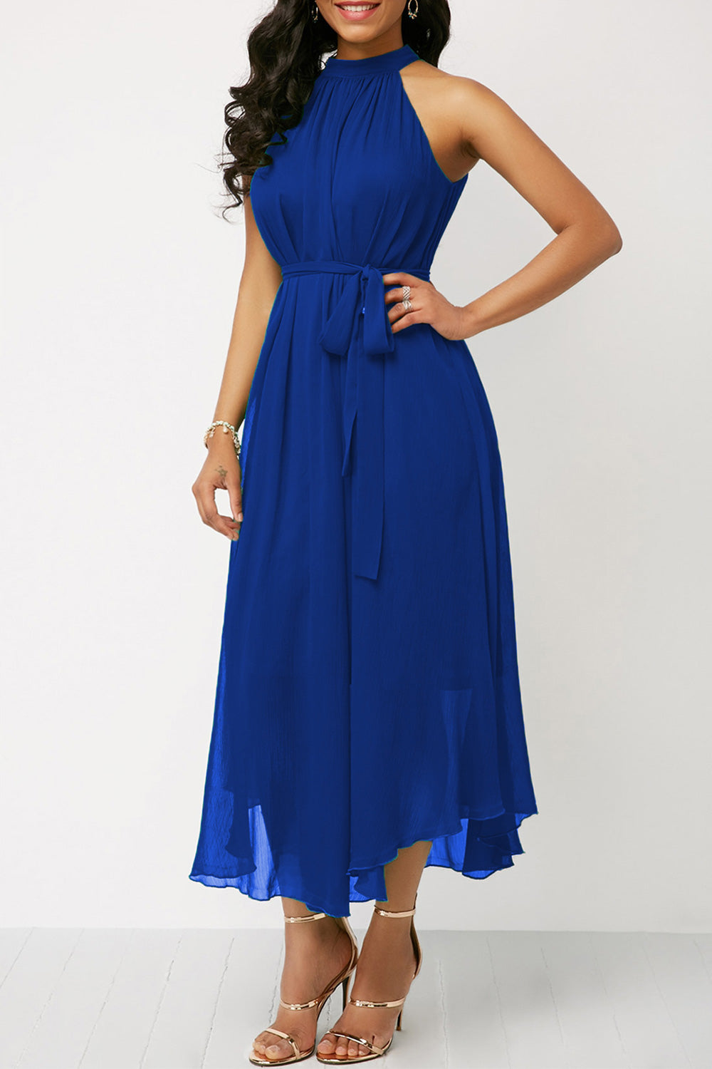 Women Solid Colored Thin Ventilated Halter Neck Thin Mesh Skirt Elegant Chiffon Dress