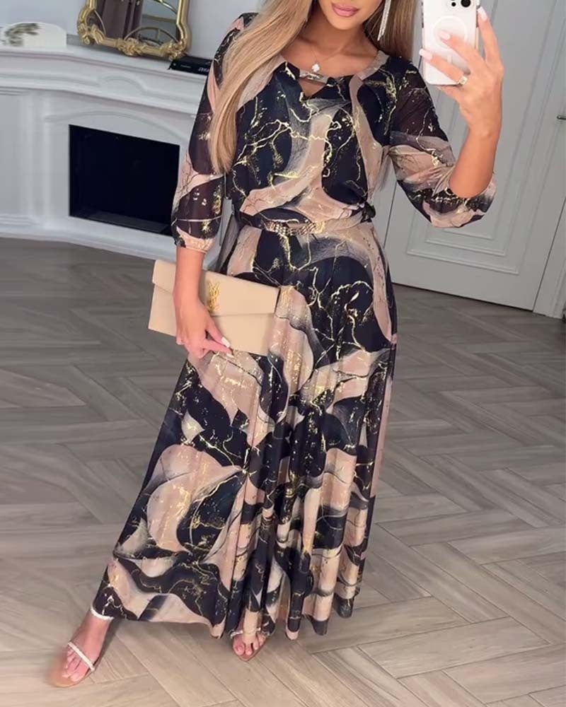 Women’s Elegant Seven-Sleeve Printed Waist Dress