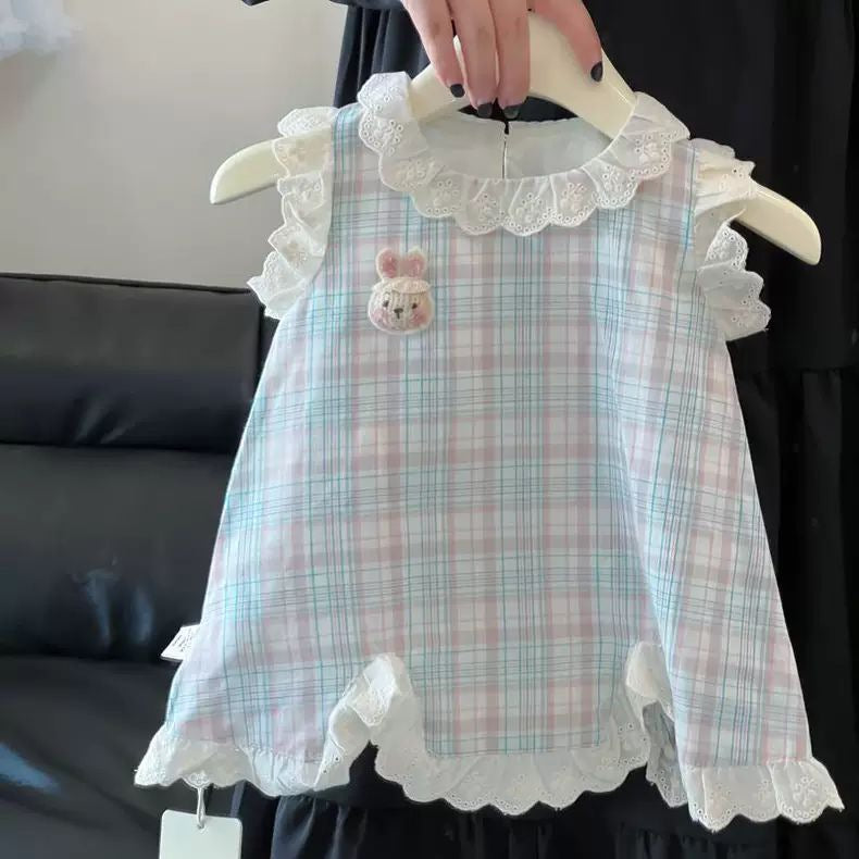 Girls Summer Plaid Cartoon Lace Princess Sundress – Casual Sleeveless Dress - RAC26JP5462BATDAS