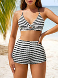 Striped Neck Strap Bikini with Lace-Up Spring Split Design