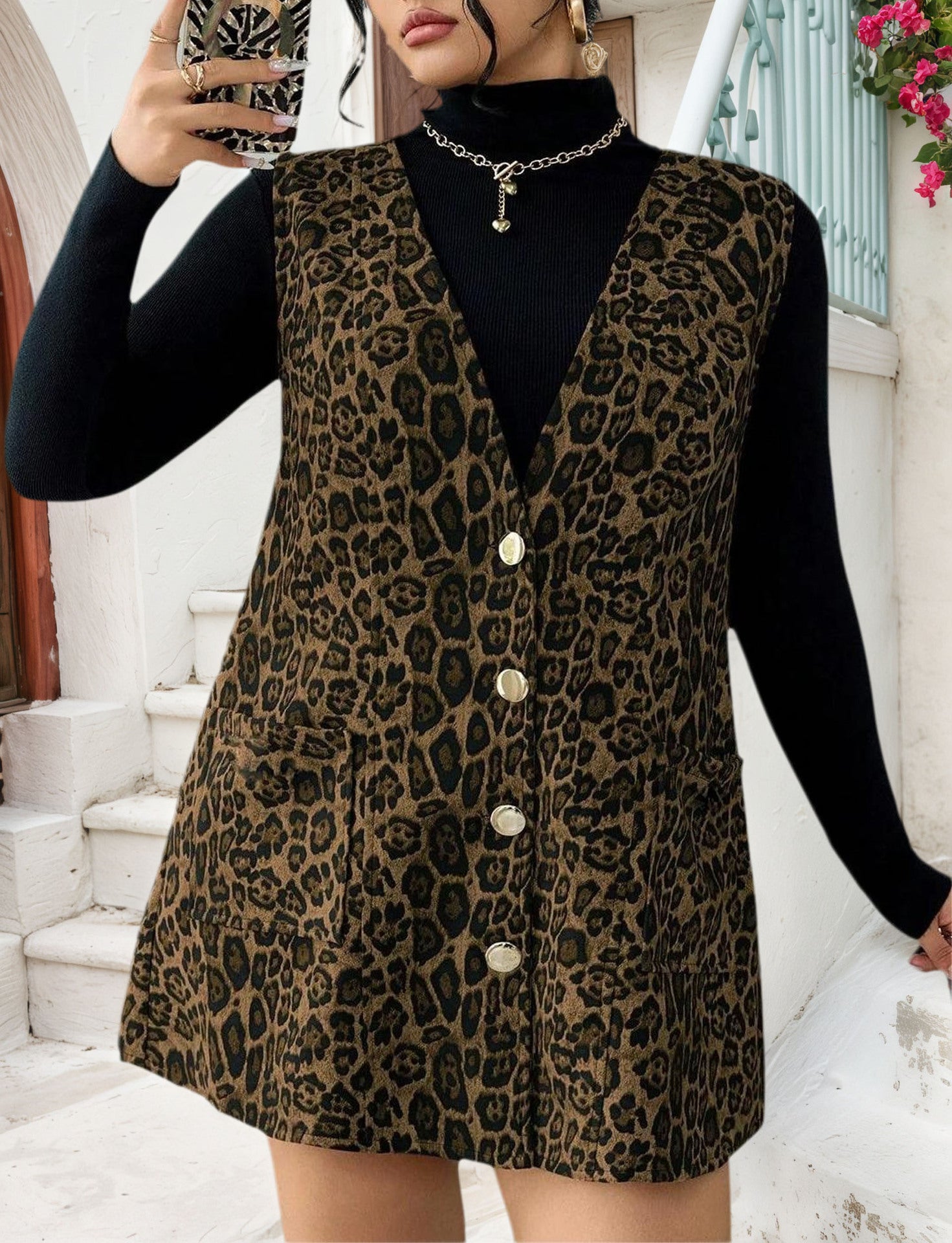 Women's Leopard Print V Neck Sleeveless Loose Fit Casual Vest Top