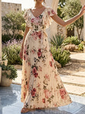 Women's Plus Size Printed Pleated Maxi Dress with V-Neck Ruffle Sleeves Waist-Defining A-Line Vacation Long Dress