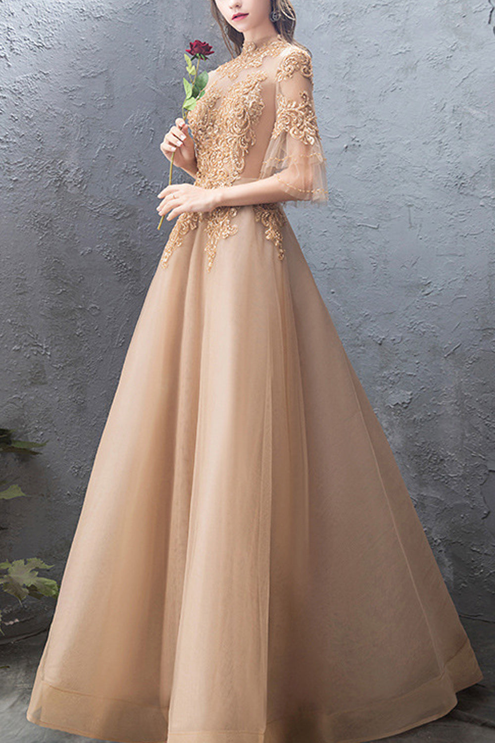 Women Half Sleeve Lace Decorated Long Breathable Skirt Wedding Party Dress