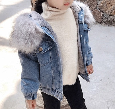 Girls Fleece-Lined Short Denim Jacket with Large Fur Collar – Infants & Toddlers - RAC25JP3296BATOW