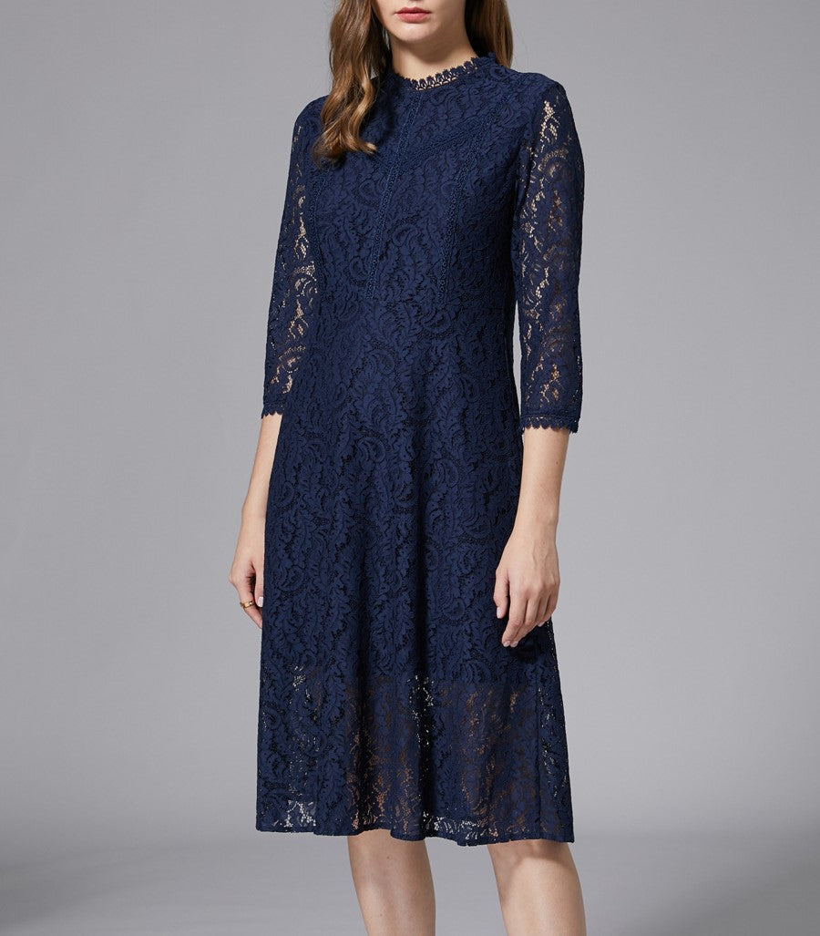 Blue Lace Dress – Women’s Spring & Autumn Loose-Fit Casual A-Line Dress with Wide Hem, Slimming & Trendy