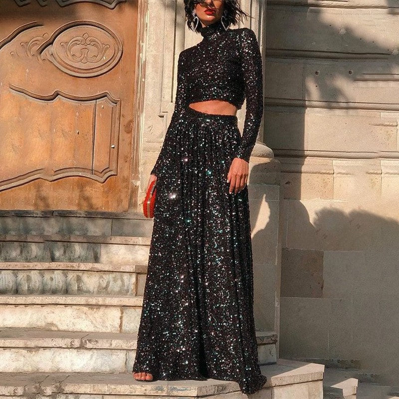 Spring and Summer Elegant High-Neck Long-Sleeved Sequined Dress for Women