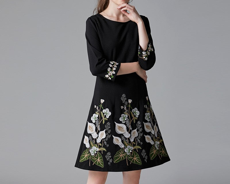 Elegant Black Embroidered Plus-Size A-Line Dress for Spring & Autumn