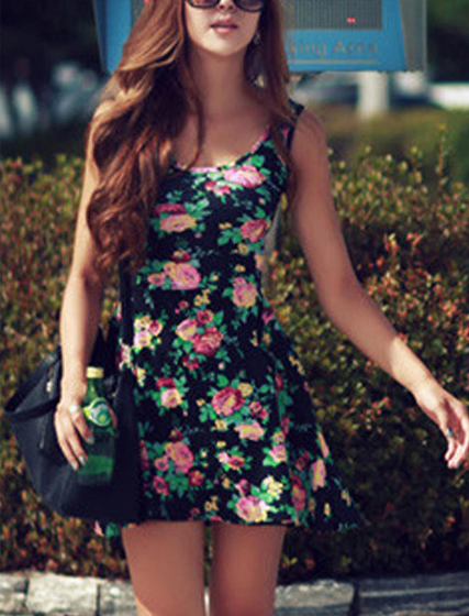 Women Floral Printed Sleeveless Short Dress