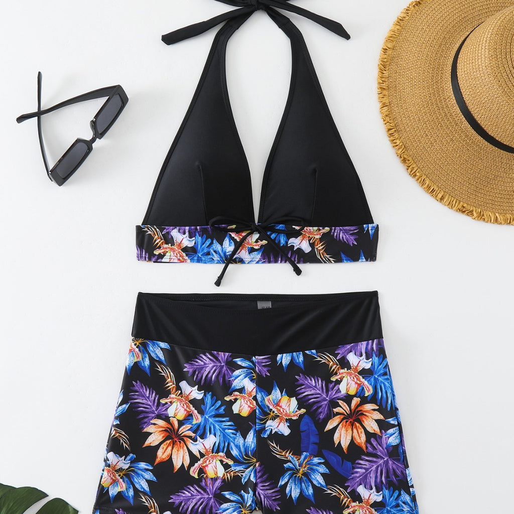 Digital Print Neck Drawstring Bikini Set with High Waist Boxer Bottom for Women