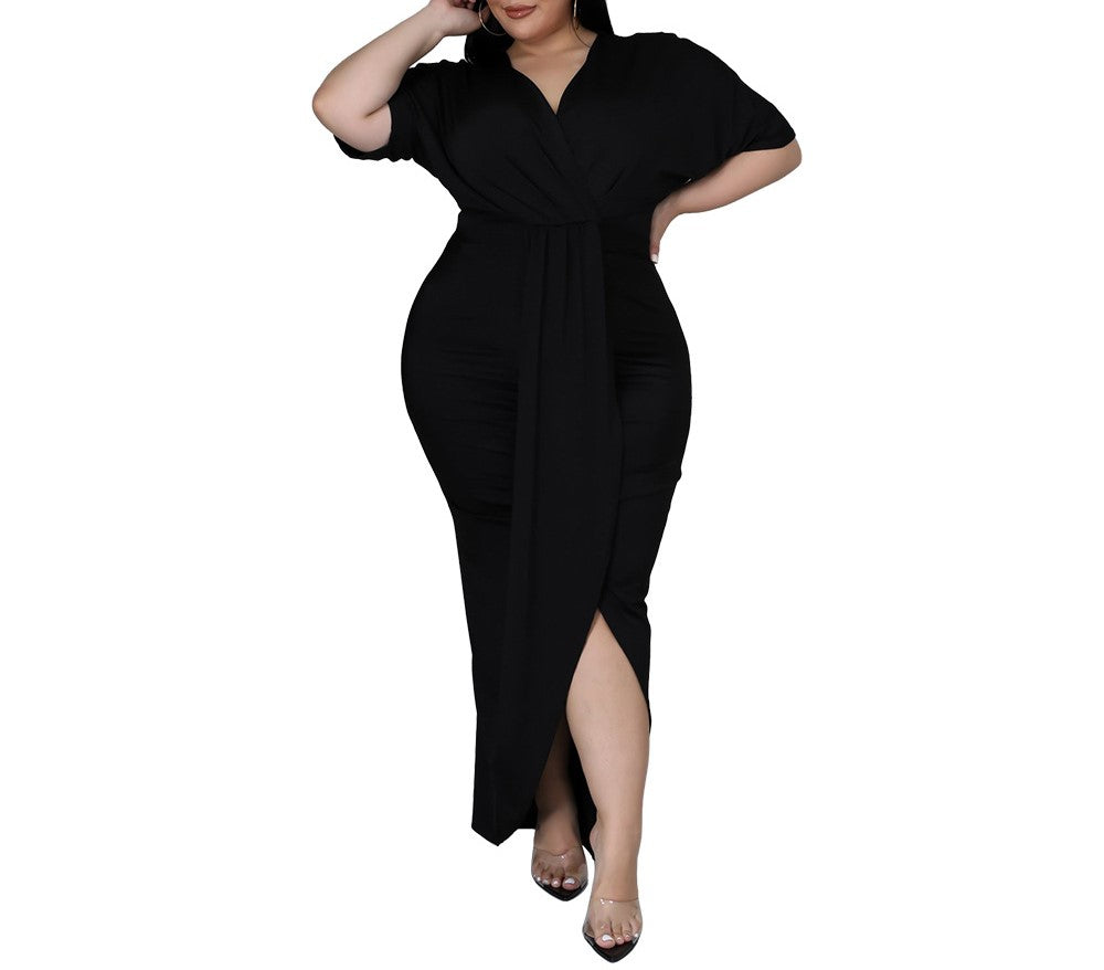 Plus Size Women's Irregular V-Neck Long Sleeve Club Dress – Sexy Nightclub Party Wear