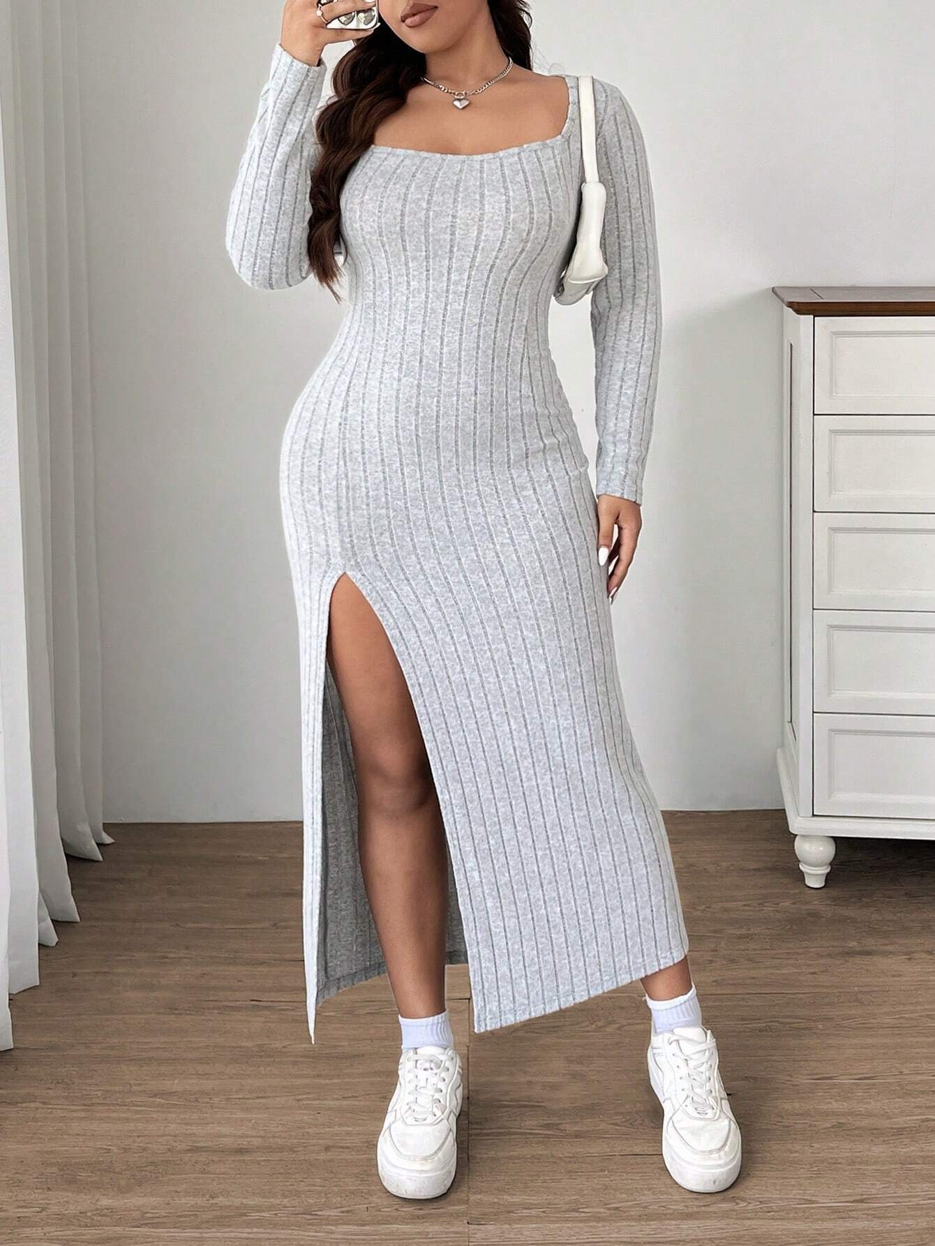 2025 Autumn Winter Plus Size Women's Casual Midi Dress – Elegant Slim Fit with Side Slit, Long Sleeve, Simple Chic Style