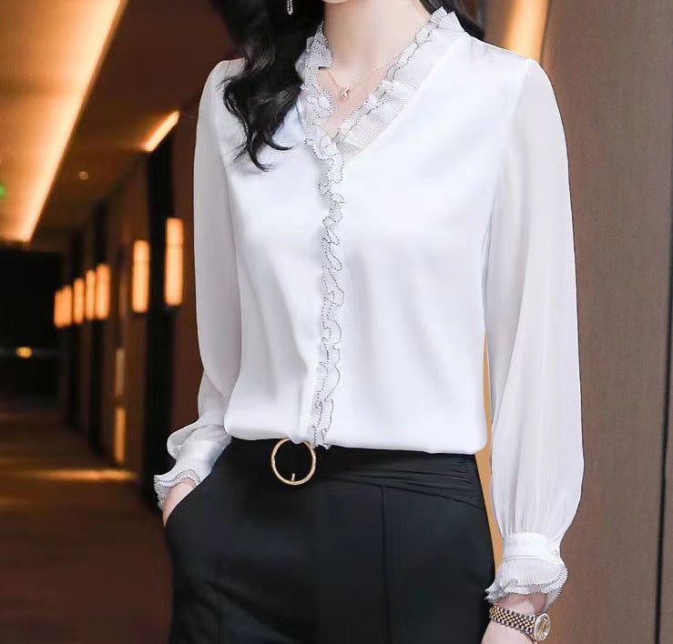 Women's Chiffon Long-Sleeved Early Autumn White Shirt Top