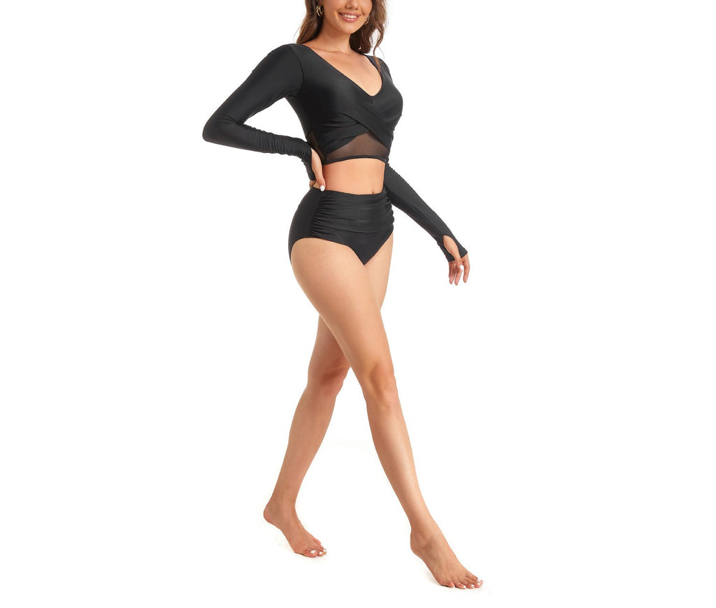 Women's Long Sleeve Surfing Swimsuit – Sexy One-Piece Diving Suit with Sun Protection – Solid Black Bikini-Style Swimwear