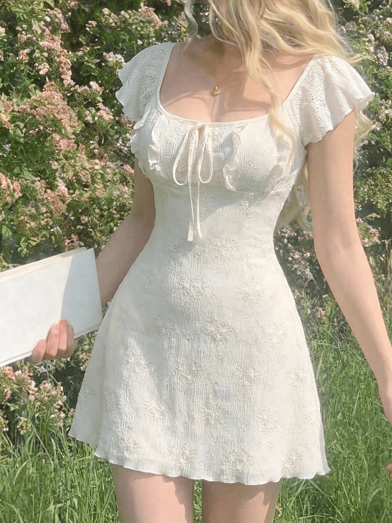 Women's Summer French-Inspired Romantic Ruffled Belted Waist Mini Dress Elegant Casual Fashion