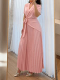 Pink Pleated Long Dress for Women | Tie Waist Maxi Dress | Elegant Solid Color Slim Fit Flowy Party & Casual Dress