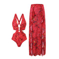 New Style Bikini Digital Print Hollowed-Out Deep V Mesh Set - Beach & Sun Protection