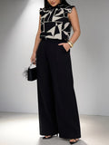Women’s Printed Sleeveless Shirt and Black Straight-Leg Pants Two-Piece Set