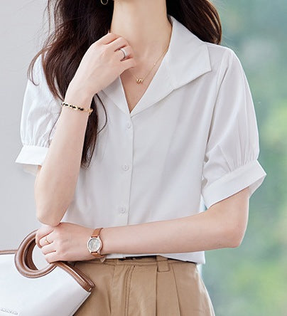 Women's Casual Light Yellow Short Sleeve Shirt - Lightweight Design