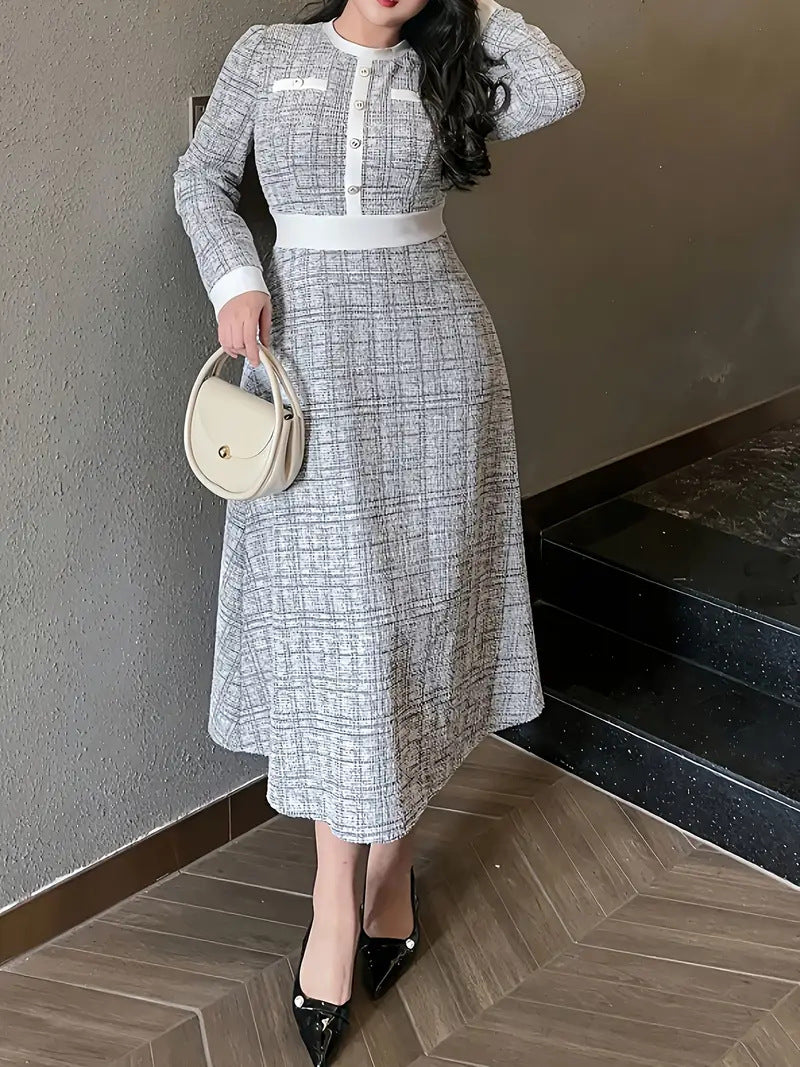 Elegant Color Block Waist-Cinching Dress for Women Plus Size, Slim Fit Round Neck Midi Dress, Classic Fashion Casual Party Outfi