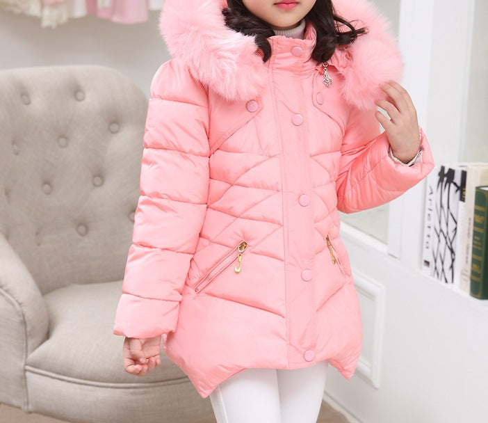 Girls’ Winter Cotton-Padded Coat – Thickened Mid-Length Jacket with Fur Collar - RAC25JP3248BOW