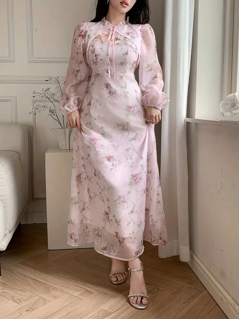 Women's Floral Pink Long Sleeve Waist-Defined Maxi Dress with Elegant Printed Design