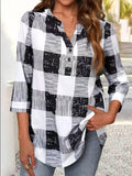 Women's Summer Striped V-Neck Button Long Sleeve Casual Shirt Top