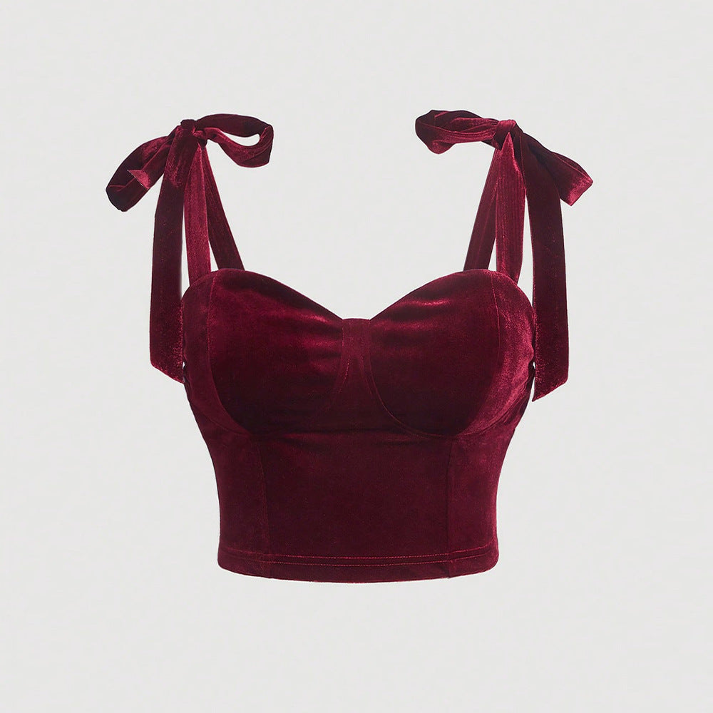 Plus Size French Retro Velvet Camisole Top – Bow Tie Waist Belt, Elegant Tube Top for Women