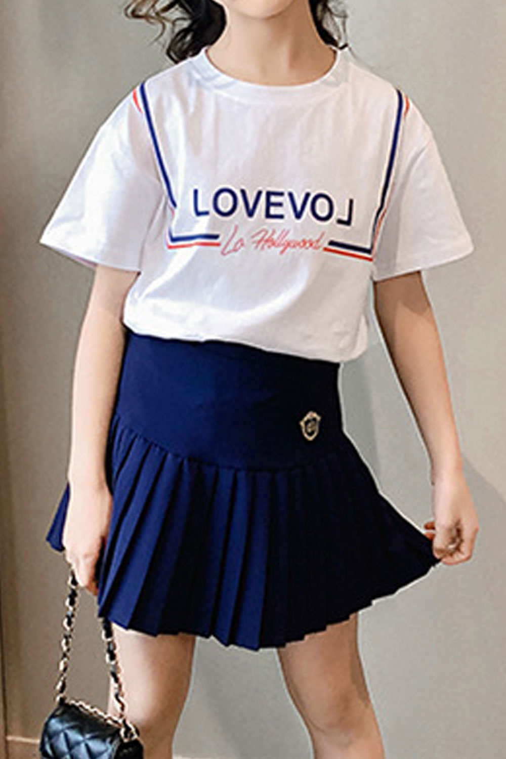 Kids Girls Short Sleeve Pleated Skirt Soft Solid Colored Outfit Set