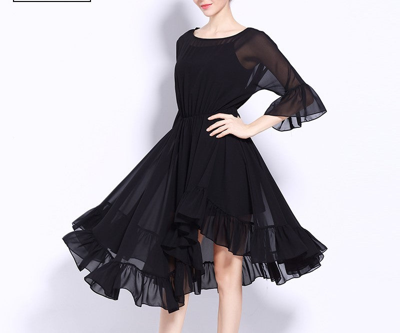 Plus Size Loose-Fit Chiffon Dress – New Summer Style, Elastic Waist, Lightweight Little Black Dress for Women