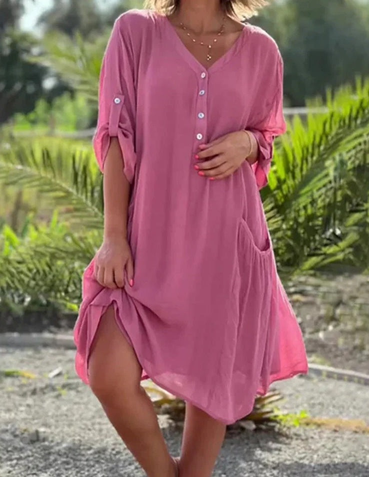 Women's Solid Color V-Neck Long Sleeve Button Front Loose Casual Dress
